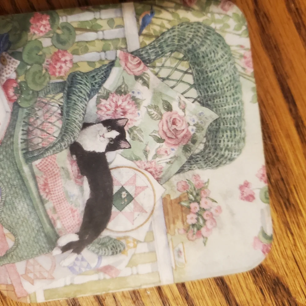 Vintage Tabby Cat Coasters Cork Back Square Set of 6 In Decorative Box - Picture 3 of 6